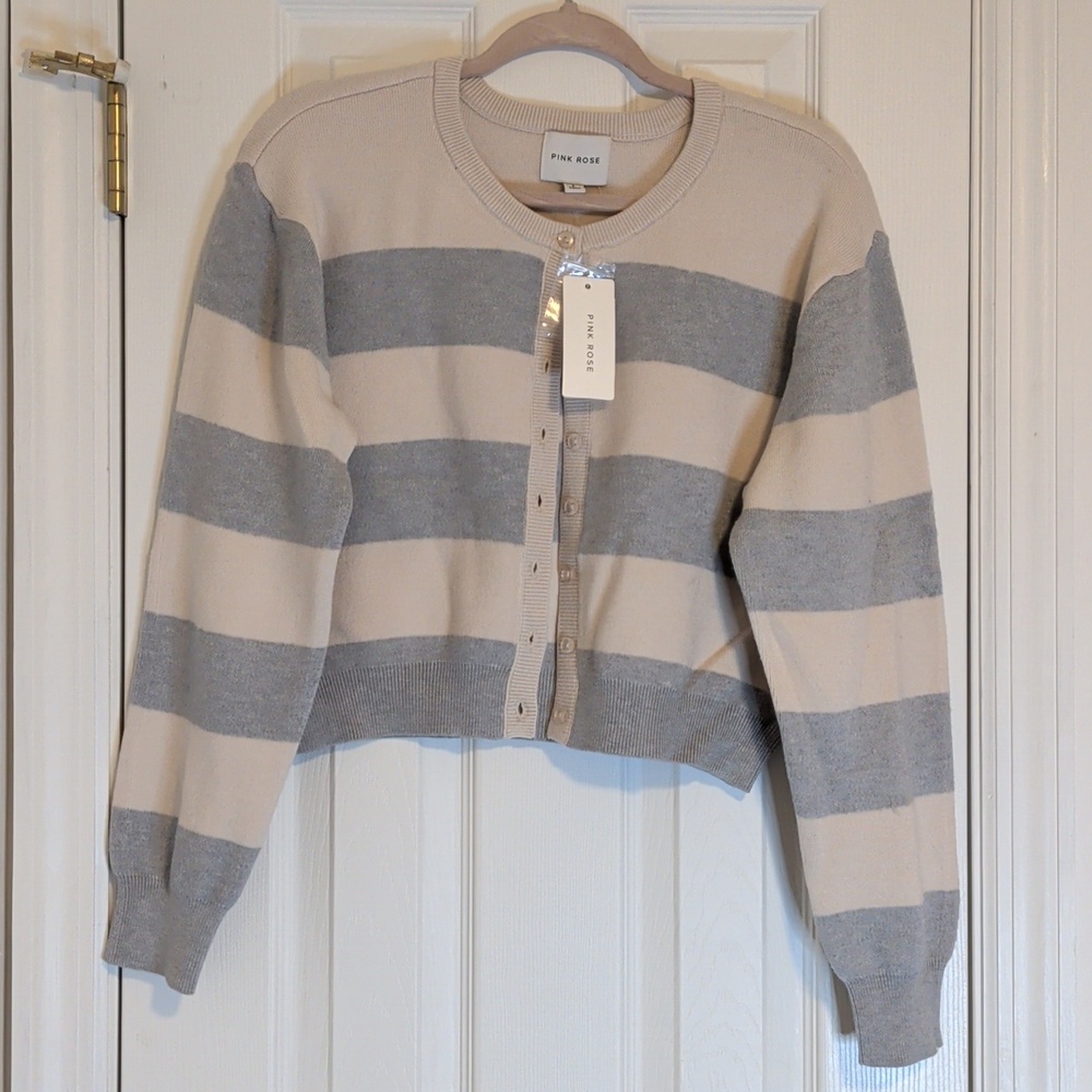 Pink Rose NWT Striped Cropped Cardigan Beige Gray Button Front Cozy Size L